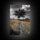 Yellow Meadow, Tree Path, Sunny Flowers, Autumn Framed Canvas Print, Field Landscape Wall Art, Nature Lover Decor, Boho Fall Vibes