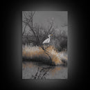 Egret Bird Scene, Autumn Riverbank, Wildlife Nature Print, Moody Wetland Landscape, Framed Canvas Print, Rustic Living Room Wall Art