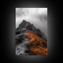Misty Mountain Hike, Orange Trail Grass, Adventure Explorer Print, Moody Wilderness Scene, Framed Canvas Print, Rustic Cabin Wall Art