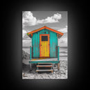 Colorful Beach Hut, Surf Shack, Coastal Cabin, Framed Canvas Print, Tropical Wall Art, Living Room Decor, Bright Summer Home Style