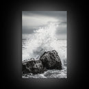 Ocean Splash, Rocky Coast, Dramatic Seascape, Monochrome Power, Framed Canvas Print, Coastal Wall Art, Entryway or Office Decor