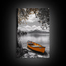 Lake Rowboat, Serene Waters, Mountain Reflection, Framed Canvas Print, Minimalist Nature Art, Living Room Wall Art, Tranquil Landscape