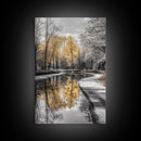 Autumn Trees, Yellow Reflection, Calm River, Nature Path, Framed Canvas Print fall landscape wall art, minimalist forest photography
