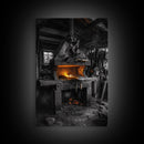 Forge Fire, Rustic Workshop, Industrial Heat, Metal Craft, Framed Canvas Print blacksmith decor, man cave wall art, moody workshop vibe