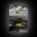 Solitary Tree, Desert Reflection, Yellow Leaves, Framed Canvas Print, Minimalist Wall Art, Bedroom Decor, Nature Fine Art Landscape