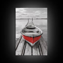 Red Rowboat, Dock Stillness, Minimalist Lake Scene, Canvas Print, Nautical Wall Art, Bathroom Decor, Tranquil Seascape, Coastal Aesthetic