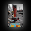 Red Peg, Graffiti Steel, Urban Rust Texture, Canvas Print, Industrial Wall Art, Modern Loft Decor, Urban Decay Photography