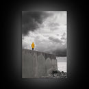Yellow Raincoat, Ocean Storm, Moody Skies, Framed Canvas Print, Minimalist Wall Art, Coastal Entryway Decor, Contemplative Scene