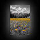 Yellow Wildflowers, Mountain Field, Blooming Meadow, Framed Canvas Print, Nature Photography, Rustic Decor, Dining Room Wall Art