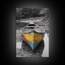 Rustic Canoe, Weathered Paint, River Adventure Art, Framed Canvas Print, Cabin Wall Decor, Color Pop Nature Photography