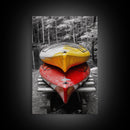 Stacked Kayaks, Red and Yellow, Forest Wall Art, Canvas Print, Adventure Photography, Outdoor Cabin Decor, Fall Travel Vibes