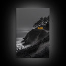 Cabin on Cliff, Moody Coastal Art, Glowing Window, Sunset Seascape, Framed Canvas Print, Minimalist Landscape, Living Room Wall Art