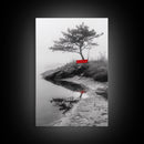 Red Bench, Misty Shore, Solitude Scene, Moody Fog Art, Framed Canvas Print, Minimalist Wall Art, Meditative Decor, Entryway Accent