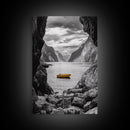 Yellow Boat, Mountain Lake, Serene Fjord Scene, Framed Canvas Print, Minimalist Wall Art, Nature Landscape, Scandinavian Decor