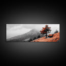 Scenic Bench, Autumn Hills, Serene Vista, Orange Tree — Framed Canvas Print, Minimalist Landscape Art, Fall Home Decor, Bedroom Wall Art