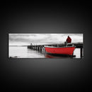 Red Boat Dock, Lonely Harbor View, Seaside Silence, Framed Canvas Print, Nautical Wall Art, Beach House Decor, Moody Coastal Vibes