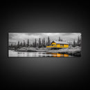Yellow Cabin, Forest River View, Wilderness Retreat, Framed Canvas Print, Rustic Wall Art, Lodge Decor, Cozy Nature Landscape Style
