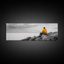 Peaceful Angler View, Yellow Hoodie Fisherman, Canvas Print, Minimalist Seaside Wall Art, Coastal Living Room Art, Fishing Lover Gift