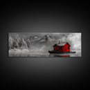 Red Cabin in Fog, Mountain Lake Boat House, Canvas Print, Winter Lodge Wall Art, Moody Nature Decor, Black and White Landscape Art