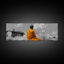 Solitude in Nature, Orange Robe Figure, Mindful Meditation Scene, Canvas Print, Boho Landscape, Zen Room Wall Art, Office Wall Decor