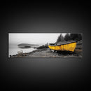 Yellow Rowboat Scene, Misty Coastal Landscape, Abandoned Boat Art, Framed Canvas Print, Rustic Nautical, Office Wall Art