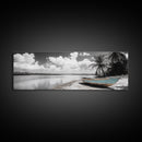 Tropical Boat, Deserted Beach, Palms and Clouds, Ocean Peace, Framed Canvas Print, Boho Wall Art, Bedroom Decor, Seaside Minimalism