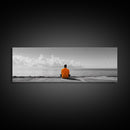 Orange Jacket, Solitude Man, Sea Gaze, Minimal Mood, Framed Canvas Print, Office Wall Art, Modern Decor, Reflective Photography