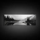 Foggy Pines, Mountain Reflection, Monochrome Wilderness, Canvas Print, black and white wall art, cabin decor, minimalist forest scene