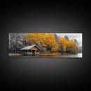Fall Forest Cabin, Golden Autumn Trees, Riverside Retreat, Framed Canvas Print, Rustic Country Wall Art, Living Room Cabin Decor
