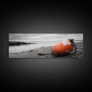 Beach Buoy, Coastal Drift, Orange Marker, Tidal Shore, Framed Canvas Print, Bathroom Wall Decor, Nautical Minimalism, Modern Ocean Art