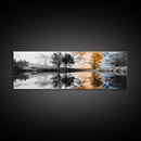 Surreal Reflection, Tree Silhouettes, Split Sky, Framed Canvas Print, trippy landscape art, black and white dreamy wall decor