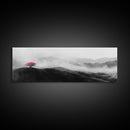 Lone Red Tree, Misty Hills, Minimalist Landscape, Framed Canvas Print, serene bedroom wall art, abstract black and white decor