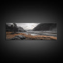 Misty Lake, Mountain Valley, Autumn Morning, Canvas Print, peaceful wilderness scene, rustic cabin decor, cozy nature artwork