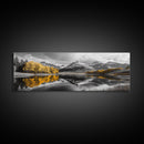 Yellow Autumn Forest, Lake Reflection, Black White Mountains, Canvas Print, Rustic Wall Art, Living Room Nature Scene