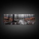 Autumn Forest Stream, Bare Trees, Orange Leaves, Framed Canvas Print, Fall Wall Art, Cozy Nature Scene, Entryway Decor