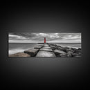 Red Lighthouse Coast, Seaside Rock Jetty, Stormy Sky Mood, Nautical Beacon View, Canvas Print, Bathroom Wall Art, Coastal Modern Decor