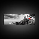 Coastal Lighthouse, Ocean Cliffs, Red Roof, Nautical Beacon, Framed Canvas Print, Bathroom Wall Art, Minimalist Coastal Decor, Seaside Vibe