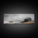 Foggy Lake, Yellow Boat, Rustic Cabin, Coastal Calm, Framed Canvas Print, Autumn Wall Art, Bedroom Decor, Minimalist Nature Photography