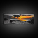 Sunset Beach Bench, Serene Coastal Scene, Solitude View, Framed Canvas Print, Minimalist Wall Art, Living Room, Relaxing Home Decor