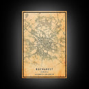 Vintage Style Bucharest City Map Wall Art Canvas Print, Distressed Bucharest Map, Framed Wall Art, Cool RomaniaTravel Wall Art, Office Art