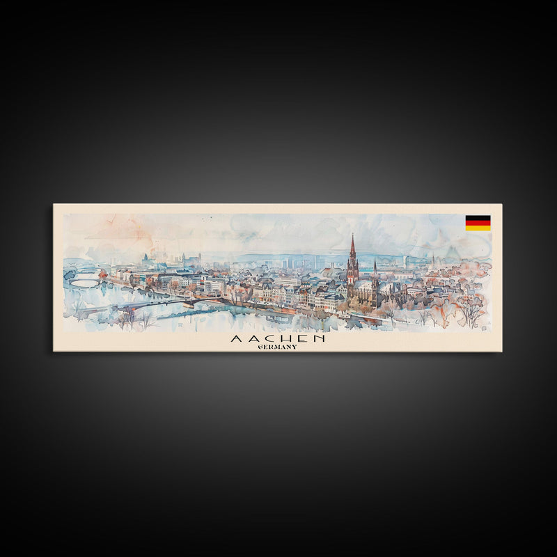 Aachen Germany  Panoramic Travel Poster, Framed Canvas Print or Metal Wall Art, Travel Art, Home Decor, Panoramic Painting, Midcentury Art