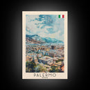 Palermo Italy Travel Poster Framed Canvas Print, Watercolor Painting, Coastal Wall Art, Home Decor, Italian Seaside, Vibrant Art