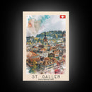 St Gallen Switzerland Travel Poster Framed Canvas Print, Watercolor Painting, Scenic Wall Art, Home Decor, Swiss Landscape, Classic Art