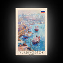 Vladivostok Russia Travel Poster Framed Canvas Print, Watercolor Painting, Coastal Wall Art, Home Decor, Russian Seaside, Nautical Art