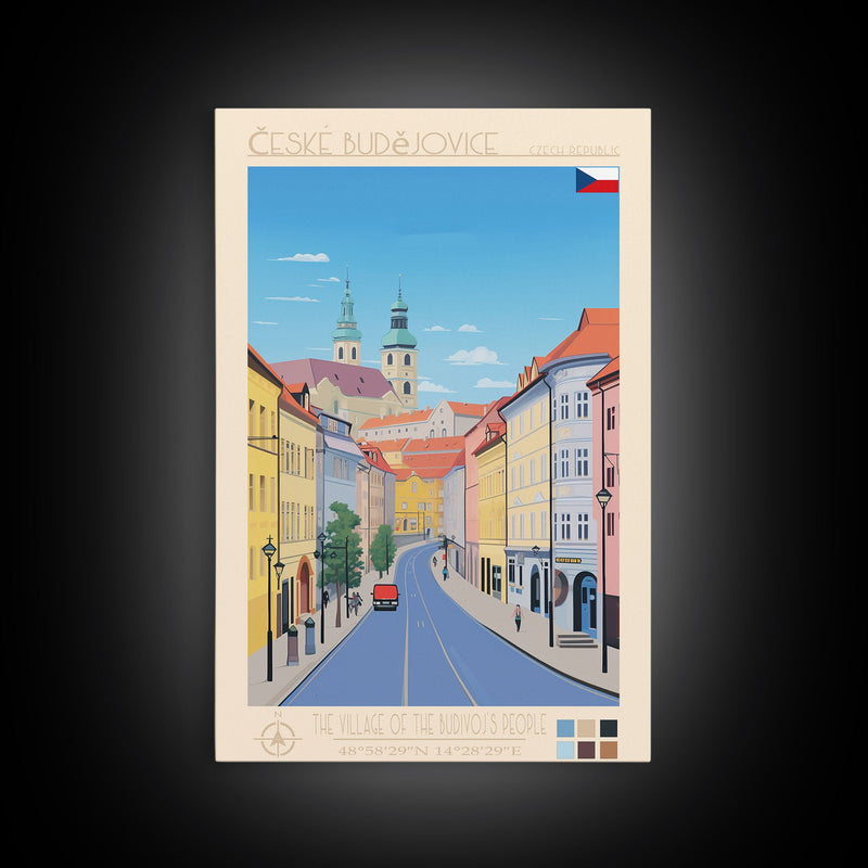 ÄŒeskÃ© BudÄ›jovice Czech Republic Travel Poster Framed Canvas Print, Midcentury Modern Art, Pop Art Decor, Living Room Wall Art