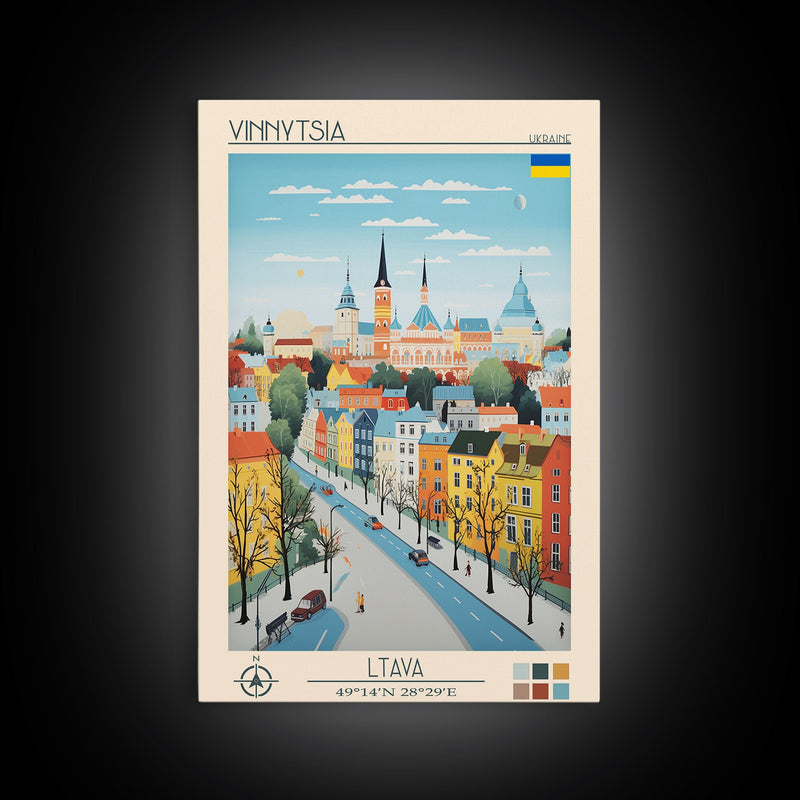 Vinnytsia Ukraine Travel Poster Framed Canvas Print, Midcentury Modern Art, Pop Art Wall Decor, Living Room Art, Scenic Wall Art