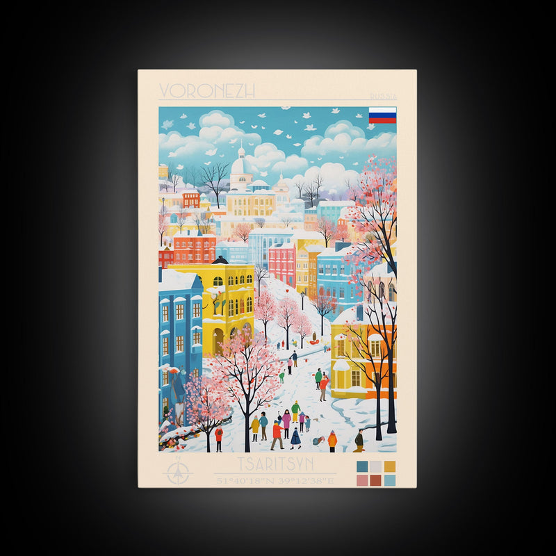 Voronezh Russia Travel Poster Framed Canvas Print, Midcentury Modern Art, Pop Art Wall Decor, Living Room Art, Scenic Wall Art