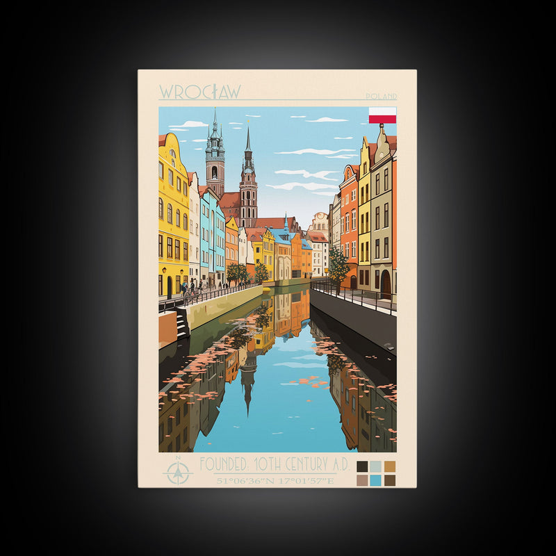 WrocÅ‚aw Poland Travel Poster Framed Canvas Print, Midcentury Modern Art, Pop Art Wall Decor, Living Room Art, Scenic Wall Art