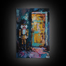 Nutcracker at Spooky Door Framed Canvas Print, Haunted Nutcracker Decor, Halloween Toy Art, Eerie Door Wall Art, Creepy Nutcracker Print