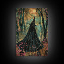 Halloween Witch in Dark Forest, Framed Canvas Print, Wall Art, Living Room Decor, Spooky, Witch Art, Original Painting, Home Decor